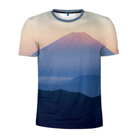 Мужская футболка 3D спортивная с принтом Фудзияма в Санкт-Петербурге, 100% полиэстер с улучшенными характеристиками | приталенный силуэт, круглая горловина, широкие плечи, сужается к линии бедра | fuji | вулкан | горы | рассвет | солнце | туман | утро | япония