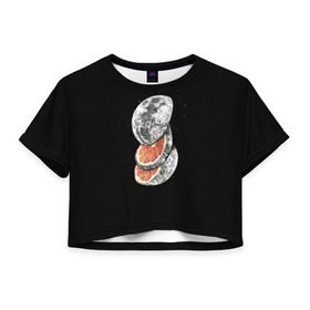 Женская футболка 3D укороченная с принтом Луна дольками в Санкт-Петербурге, 100% полиэстер | круглая горловина, длина футболки до линии талии, рукава с отворотами | апельсин | грейпфрут | ломтики | цитрус