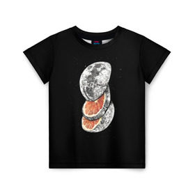 Детская футболка 3D с принтом Луна дольками в Санкт-Петербурге, 100% гипоаллергенный полиэфир | прямой крой, круглый вырез горловины, длина до линии бедер, чуть спущенное плечо, ткань немного тянется | апельсин | грейпфрут | ломтики | цитрус