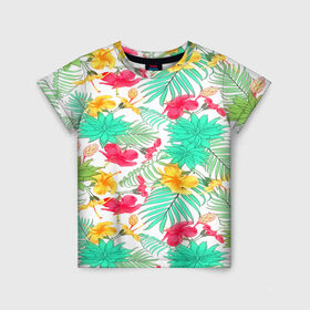 Детская футболка 3D с принтом Tropical pattern в Санкт-Петербурге, 100% гипоаллергенный полиэфир | прямой крой, круглый вырез горловины, длина до линии бедер, чуть спущенное плечо, ткань немного тянется | Тематика изображения на принте: 3d | арт | лето | пальмы | текстура | тропический | узор | цветы