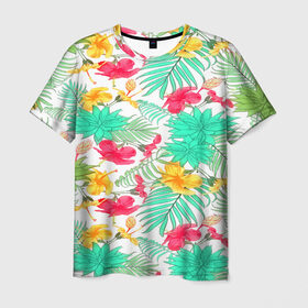 Мужская футболка 3D с принтом Tropical pattern в Санкт-Петербурге, 100% полиэфир | прямой крой, круглый вырез горловины, длина до линии бедер | Тематика изображения на принте: 3d | арт | лето | пальмы | текстура | тропический | узор | цветы