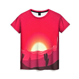 Женская футболка 3D с принтом Gorgeous sunset в Санкт-Петербурге, 100% полиэфир ( синтетическое хлопкоподобное полотно) | прямой крой, круглый вырез горловины, длина до линии бедер | 3d | арт | дикий запад | закат | кактус | природа | солнце