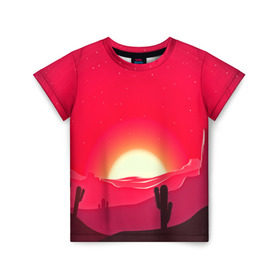 Детская футболка 3D с принтом Gorgeous sunset в Санкт-Петербурге, 100% гипоаллергенный полиэфир | прямой крой, круглый вырез горловины, длина до линии бедер, чуть спущенное плечо, ткань немного тянется | Тематика изображения на принте: 3d | арт | дикий запад | закат | кактус | природа | солнце