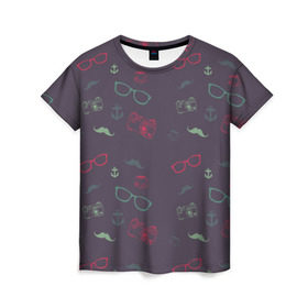 Женская футболка 3D с принтом Хипстер в Санкт-Петербурге, 100% полиэфир ( синтетическое хлопкоподобное полотно) | прямой крой, круглый вырез горловины, длина до линии бедер | hipster | очки | усы | фотик | фотоаппарат | хипстер | якорь