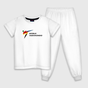 Детская пижама хлопок с принтом World Taekwondo logo в Санкт-Петербурге, 100% хлопок |  брюки и футболка прямого кроя, без карманов, на брюках мягкая резинка на поясе и по низу штанин
 | Тематика изображения на принте: world taekwondo | wt | логотип | тхэквондо