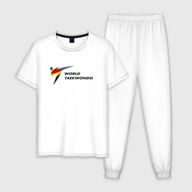 Мужская пижама хлопок с принтом World Taekwondo logo в Санкт-Петербурге, 100% хлопок | брюки и футболка прямого кроя, без карманов, на брюках мягкая резинка на поясе и по низу штанин
 | Тематика изображения на принте: world taekwondo | wt | логотип | тхэквондо