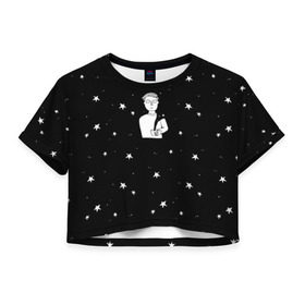 Женская футболка 3D укороченная с принтом Чай Космос в Санкт-Петербурге, 100% полиэстер | круглая горловина, длина футболки до линии талии, рукава с отворотами | звезды | корабль | космонавт | кофе | мужчина | небо | ночь | парень | черно белый | эмоции
