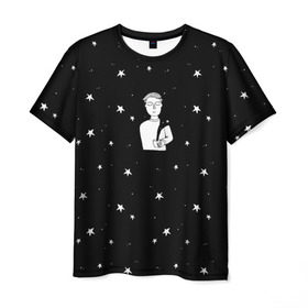 Мужская футболка 3D с принтом Чай Космос в Санкт-Петербурге, 100% полиэфир | прямой крой, круглый вырез горловины, длина до линии бедер | звезды | корабль | космонавт | кофе | мужчина | небо | ночь | парень | черно белый | эмоции