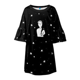 Детское платье 3D с принтом Чай Космос в Санкт-Петербурге, 100% полиэстер | прямой силуэт, чуть расширенный к низу. Круглая горловина, на рукавах — воланы | звезды | корабль | космонавт | кофе | мужчина | небо | ночь | парень | черно белый | эмоции
