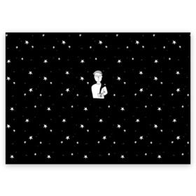 Поздравительная открытка с принтом Чай Космос в Санкт-Петербурге, 100% бумага | плотность бумаги 280 г/м2, матовая, на обратной стороне линовка и место для марки
 | звезды | корабль | космонавт | кофе | мужчина | небо | ночь | парень | черно белый | эмоции