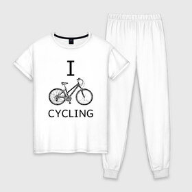 Женская пижама хлопок с принтом I love cycling в Санкт-Петербурге, 100% хлопок | брюки и футболка прямого кроя, без карманов, на брюках мягкая резинка на поясе и по низу штанин | bicycle | bike | bmx | cycling | enjoy | i | like | love | moto | ride | rider | sport | байк | велик | вело | велосипед | велосипедист | ездить | зож | катать | кататься | лето | спорт | спортсмен