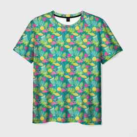 Мужская футболка 3D с принтом Гаваи в Санкт-Петербурге, 100% полиэфир | прямой крой, круглый вырез горловины, длина до линии бедер | Тематика изображения на принте: aloha | fruits | hawaii | summer | ананас | арбуз | гаваи | пальмы | пляж | солнце | тропики | фламинго | флорида | фрукты