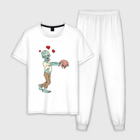 Мужская пижама хлопок с принтом Zombie love в Санкт-Петербурге, 100% хлопок | брюки и футболка прямого кроя, без карманов, на брюках мягкая резинка на поясе и по низу штанин
 | brain | heart | love | zombie | зомби | любовь | мозги | сердце
