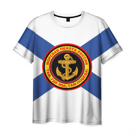 Мужская футболка 3D с принтом Морская пехота России в Санкт-Петербурге, 100% полиэфир | прямой крой, круглый вырез горловины, длина до линии бедер | Тематика изображения на принте: 3d | вмф | море | морпехи | морские | флаг | якорь