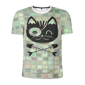 Мужская футболка 3D спортивная с принтом Пиратский кот в Санкт-Петербурге, 100% полиэстер с улучшенными характеристиками | приталенный силуэт, круглая горловина, широкие плечи, сужается к линии бедра | Тематика изображения на принте: 3d | арт | животные | кости | кот | кубики | пират | текстуры | череп