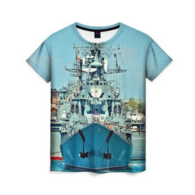 Женская футболка 3D с принтом Сторожевой корабль в Санкт-Петербурге, 100% полиэфир ( синтетическое хлопкоподобное полотно) | прямой крой, круглый вырез горловины, длина до линии бедер | 3d | море | севастополь | сторожевой корабль | судно | черноморский флот