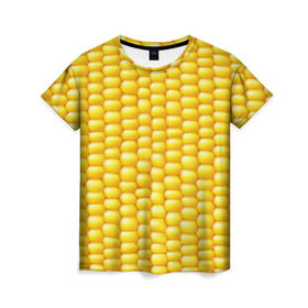 Женская футболка 3D с принтом Сладкая вареная кукуруза в Санкт-Петербурге, 100% полиэфир ( синтетическое хлопкоподобное полотно) | прямой крой, круглый вырез горловины, длина до линии бедер | еда | кукуруза