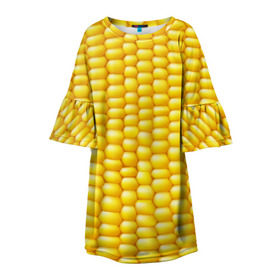 Детское платье 3D с принтом Сладкая вареная кукуруза в Санкт-Петербурге, 100% полиэстер | прямой силуэт, чуть расширенный к низу. Круглая горловина, на рукавах — воланы | Тематика изображения на принте: еда | кукуруза