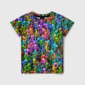 Детская футболка 3D с принтом Разноцветные скелеты в Санкт-Петербурге, 100% гипоаллергенный полиэфир | прямой крой, круглый вырез горловины, длина до линии бедер, чуть спущенное плечо, ткань немного тянется | паттерн | разноцветный | скелет | яркий