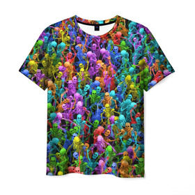 Мужская футболка 3D с принтом Разноцветные скелеты в Санкт-Петербурге, 100% полиэфир | прямой крой, круглый вырез горловины, длина до линии бедер | паттерн | разноцветный | скелет | яркий