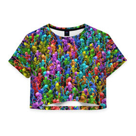 Женская футболка 3D укороченная с принтом Разноцветные скелеты в Санкт-Петербурге, 100% полиэстер | круглая горловина, длина футболки до линии талии, рукава с отворотами | паттерн | разноцветный | скелет | яркий