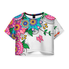 Женская футболка 3D укороченная с принтом Розовая бабочка в Санкт-Петербурге, 100% полиэстер | круглая горловина, длина футболки до линии талии, рукава с отворотами | лепестки | листья | орнамент | сад | узор | цветочки | цветы. бабочка
