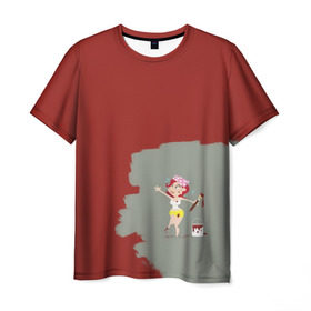 Мужская футболка 3D с принтом Рыжая красит в красный в Санкт-Петербурге, 100% полиэфир | прямой крой, круглый вырез горловины, длина до линии бедер |  банка | девушка | женщина | капли | кисточка | кисть | краска | красная | маляр | мульт | мультяшка | недокрашенная | прикол | рыжеволосая | следы | строитель