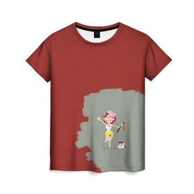 Женская футболка 3D с принтом Рыжая красит в красный в Санкт-Петербурге, 100% полиэфир ( синтетическое хлопкоподобное полотно) | прямой крой, круглый вырез горловины, длина до линии бедер |  банка | девушка | женщина | капли | кисточка | кисть | краска | красная | маляр | мульт | мультяшка | недокрашенная | прикол | рыжеволосая | следы | строитель