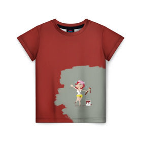 Детская футболка 3D с принтом Рыжая красит в красный в Санкт-Петербурге, 100% гипоаллергенный полиэфир | прямой крой, круглый вырез горловины, длина до линии бедер, чуть спущенное плечо, ткань немного тянется |  банка | девушка | женщина | капли | кисточка | кисть | краска | красная | маляр | мульт | мультяшка | недокрашенная | прикол | рыжеволосая | следы | строитель