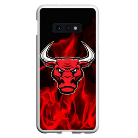 Чехол для Samsung S10E с принтом Angry bull в Санкт-Петербурге, Силикон | Область печати: задняя сторона чехла, без боковых панелей | 3d | angry bull | in fire | бык | в огне | дым | животные | мощь | огненный | огонь | пламя | пожар | сила | стихия