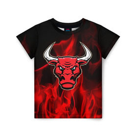 Детская футболка 3D с принтом Angry bull в Санкт-Петербурге, 100% гипоаллергенный полиэфир | прямой крой, круглый вырез горловины, длина до линии бедер, чуть спущенное плечо, ткань немного тянется | 3d | angry bull | in fire | бык | в огне | дым | животные | мощь | огненный | огонь | пламя | пожар | сила | стихия