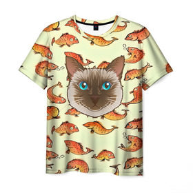Мужская футболка 3D с принтом Котик в рыбках! в Санкт-Петербурге, 100% полиэфир | прямой крой, круглый вырез горловины, длина до линии бедер | Тематика изображения на принте: животные | коты | котэ | котята | милые животные | прикольные | рыба | рыбки | цветные | яркие