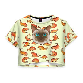 Женская футболка 3D укороченная с принтом Котик в рыбках! в Санкт-Петербурге, 100% полиэстер | круглая горловина, длина футболки до линии талии, рукава с отворотами | Тематика изображения на принте: животные | коты | котэ | котята | милые животные | прикольные | рыба | рыбки | цветные | яркие