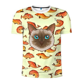 Мужская футболка 3D спортивная с принтом Котик в рыбках! в Санкт-Петербурге, 100% полиэстер с улучшенными характеристиками | приталенный силуэт, круглая горловина, широкие плечи, сужается к линии бедра | Тематика изображения на принте: животные | коты | котэ | котята | милые животные | прикольные | рыба | рыбки | цветные | яркие