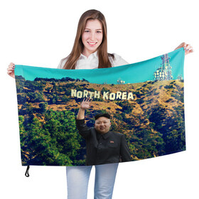 Флаг 3D с принтом NORTH KOREA в Санкт-Петербурге, 100% полиэстер | плотность ткани — 95 г/м2, размер — 67 х 109 см. Принт наносится с одной стороны | Тематика изображения на принте: hollywood | kim jong un | north korea | ким чен ын | северная корея