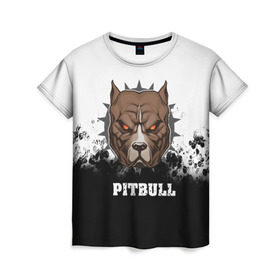 Женская футболка 3D с принтом Pitbull в Санкт-Петербурге, 100% полиэфир ( синтетическое хлопкоподобное полотно) | прямой крой, круглый вырез горловины, длина до линии бедер | 3d | dog | pitbull | абстракция | животные | краска | собака | черно белый