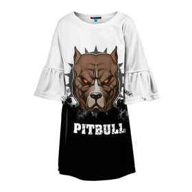 Детское платье 3D с принтом Pitbull в Санкт-Петербурге, 100% полиэстер | прямой силуэт, чуть расширенный к низу. Круглая горловина, на рукавах — воланы | 3d | dog | pitbull | абстракция | животные | краска | собака | черно белый