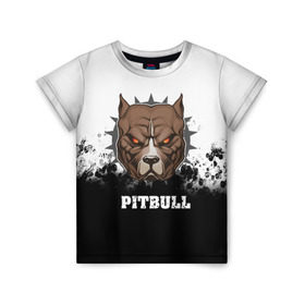Детская футболка 3D с принтом Pitbull в Санкт-Петербурге, 100% гипоаллергенный полиэфир | прямой крой, круглый вырез горловины, длина до линии бедер, чуть спущенное плечо, ткань немного тянется | Тематика изображения на принте: 3d | dog | pitbull | абстракция | животные | краска | собака | черно белый