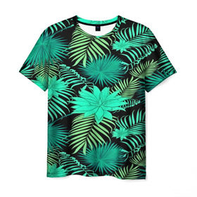 Мужская футболка 3D с принтом Tropical pattern в Санкт-Петербурге, 100% полиэфир | прямой крой, круглый вырез горловины, длина до линии бедер | Тематика изображения на принте: 3d | арт | лето | листья | пальмы | текстура | узор | цветы