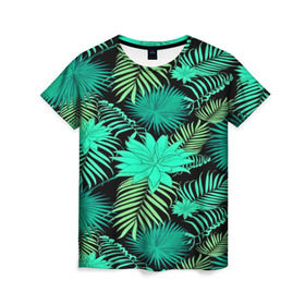 Женская футболка 3D с принтом Tropical pattern в Санкт-Петербурге, 100% полиэфир ( синтетическое хлопкоподобное полотно) | прямой крой, круглый вырез горловины, длина до линии бедер | 3d | арт | лето | листья | пальмы | текстура | узор | цветы