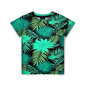 Детская футболка 3D с принтом Tropical pattern в Санкт-Петербурге, 100% гипоаллергенный полиэфир | прямой крой, круглый вырез горловины, длина до линии бедер, чуть спущенное плечо, ткань немного тянется | Тематика изображения на принте: 3d | арт | лето | листья | пальмы | текстура | узор | цветы