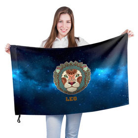Флаг 3D с принтом Лев в Санкт-Петербурге, 100% полиэстер | плотность ткани — 95 г/м2, размер — 67 х 109 см. Принт наносится с одной стороны | звезды | космос | созвездие