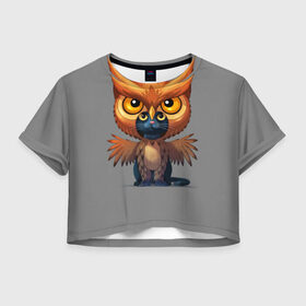 Женская футболка 3D укороченная с принтом Совокот в Санкт-Петербурге, 100% полиэстер | круглая горловина, длина футболки до линии талии, рукава с отворотами | cat | craft the world | owl | кот | кошка | птица | сова