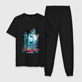 Мужская пижама хлопок с принтом Подводный мир (лес с акулами) в Санкт-Петербурге, 100% хлопок | брюки и футболка прямого кроя, без карманов, на брюках мягкая резинка на поясе и по низу штанин
 | пейзаж | сказочный