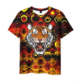 Мужская футболка 3D с принтом Тигр в Санкт-Петербурге, 100% полиэфир | прямой крой, круглый вырез горловины, длина до линии бедер | 3d | abstraction | tiger | абстракция | голова животного | клыки | котята | кошки | крик | полосатый | тигр