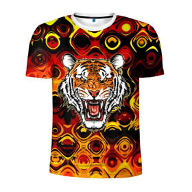 Мужская футболка 3D спортивная с принтом Тигр в Санкт-Петербурге, 100% полиэстер с улучшенными характеристиками | приталенный силуэт, круглая горловина, широкие плечи, сужается к линии бедра | 3d | abstraction | tiger | абстракция | голова животного | клыки | котята | кошки | крик | полосатый | тигр