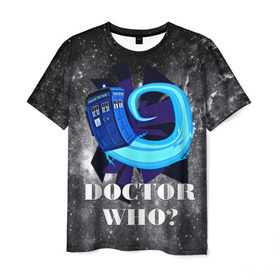 Мужская футболка 3D с принтом Doctor who? в Санкт-Петербурге, 100% полиэфир | прямой крой, круглый вырез горловины, длина до линии бедер | 3d | арт | доктор кто | звезды | космос | надпись | сериал | фильмы