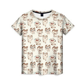 Женская футболка 3D с принтом Стикеры котик в Санкт-Петербурге, 100% полиэфир ( синтетическое хлопкоподобное полотно) | прямой крой, круглый вырез горловины, длина до линии бедер | vk | вк | вконтакте | кот | котик | стикеры