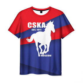 Мужская футболка 3D с принтом CSKA est. 1911 в Санкт-Петербурге, 100% полиэфир | прямой крой, круглый вырез горловины, длина до линии бедер | армейцы | болельщик | кони | красно синие | фанат | футбол | футболист | цска