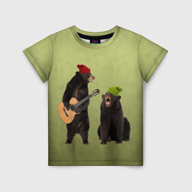 Детская футболка 3D с принтом 2 медведя и гитара в Санкт-Петербурге, 100% гипоаллергенный полиэфир | прямой крой, круглый вырез горловины, длина до линии бедер, чуть спущенное плечо, ткань немного тянется | животные | музыка